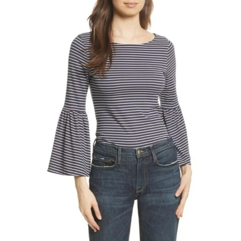 Frame Boatneck Bell Sleeve Striped Top Dark Navy Blue White